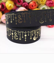 Load image into Gallery viewer, 1.5&quot; Black Gold Foil Moon and Stars Grosgrain Ribbon. Twilight Galaxy ribbon
