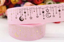 Load image into Gallery viewer, 1&quot; Pink Gold Foil Moon and Stars Grosgrain Ribbon
