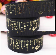 Load image into Gallery viewer, 1.5&quot; Black Gold Foil Moon and Stars Grosgrain Ribbon. Twilight Galaxy ribbon
