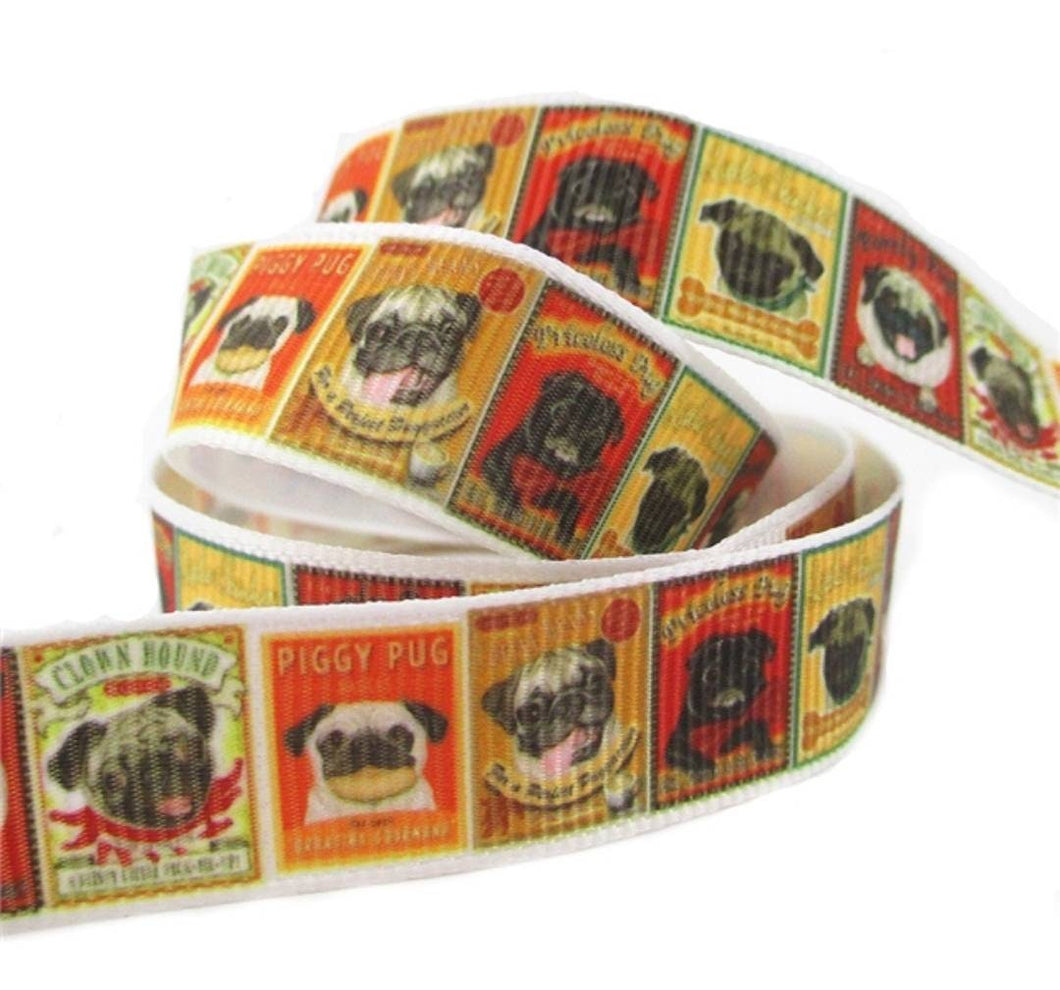 5/8'' Pug Dog Ribbon. Piggy Pug Dog