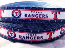 Load image into Gallery viewer, 7/8&quot; Texas Rangers MLB Grosgrain Ribbon. Baseball Sports MLB Ribbon. Deep Blue Edges with T
