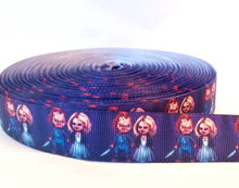 Load image into Gallery viewer, 7/8&quot; Chucky and his Bride Ribbon. Bride of Chucky. Bride of Chuckie Horror Ribbon. Haunted House Fright Night. Black Comedy Custom Design
