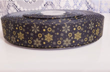 Load image into Gallery viewer, 7/8&quot; Holiday Gold Snowflakes on Black Grosgrain Ribbon. Christmas Ribbon
