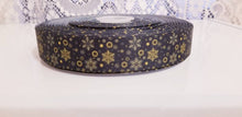 Load image into Gallery viewer, 7/8&quot; Holiday Gold Snowflakes on Black Grosgrain Ribbon. Christmas Ribbon
