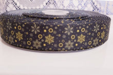 Load image into Gallery viewer, 7/8&quot; Holiday Gold Snowflakes on Black Grosgrain Ribbon. Christmas Ribbon
