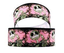 Load image into Gallery viewer, 1&quot; Pink Jack Skellington grosgrain ribbon- Tim Burton Classic. Halloween town Christmastown
