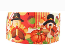 Load image into Gallery viewer, 7/8&quot; Thanksgiving Turkey grosgrain Ribbon. Fall Holiday Robbon. Pumpkins Ribbon. Thanksgiving Pilgrim Turkeys. Acorns
