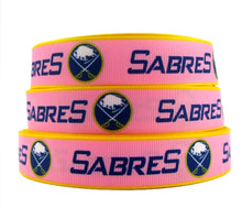 Load image into Gallery viewer, 7/8&quot; Pink Buffalo Sabres  Hockey Grosgrain Ribbon. Pink Sports Ribbon Pink Power
