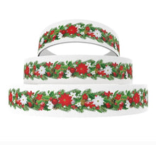 Load image into Gallery viewer, 7/8&quot; Garland Poinsettia Pine Cones Christmas Ribbon Red Berries White Flowers
