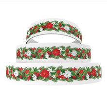 Load image into Gallery viewer, 7/8&quot; Garland Poinsettia Pine Cones Christmas Ribbon Red Berries White Flowers
