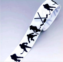 Load image into Gallery viewer, 7/8&quot; Hockey Grosgrain Ribbon. NHL Hockey Sports Team Ribbon. Hockey Puck Hockey Sticks
