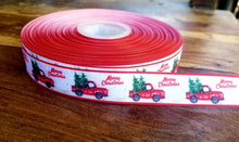 Load image into Gallery viewer, 7/8&quot; Red Truck  Christmas Tree Ribbon. Merry Christmas Ribbon
