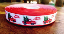 Load image into Gallery viewer, 7/8&quot; Red Truck  Christmas Tree Ribbon. Merry Christmas Ribbon
