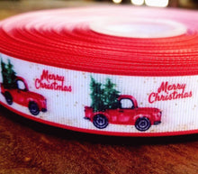 Load image into Gallery viewer, 7/8&quot; Red Truck  Christmas Tree Ribbon. Merry Christmas Ribbon
